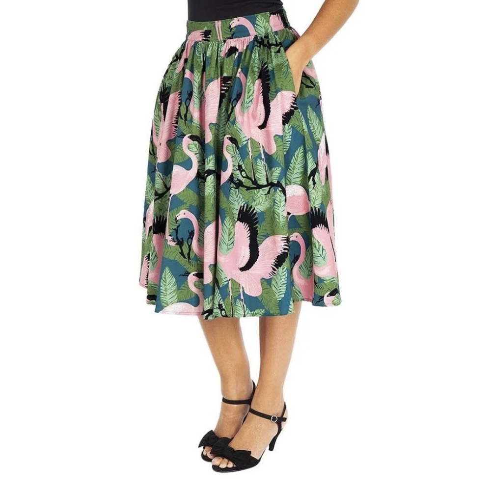 Voodoo Vixen Women's Pink Flamingo Vintage Inspired Twirl Midi Skirt Size M NWT